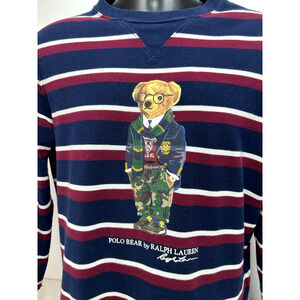 Polo Ralph Lauren Men's Navy Multi Stripe Polo Bear Lightweight Mesh Sweater Med